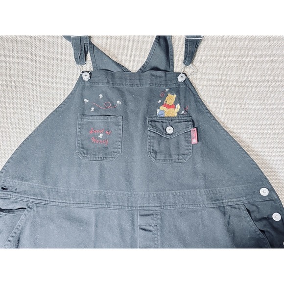 Vtg Disney Winnie The Pooh Bib Overalls Women 22 Plus Black Embroidered 90s Y2K